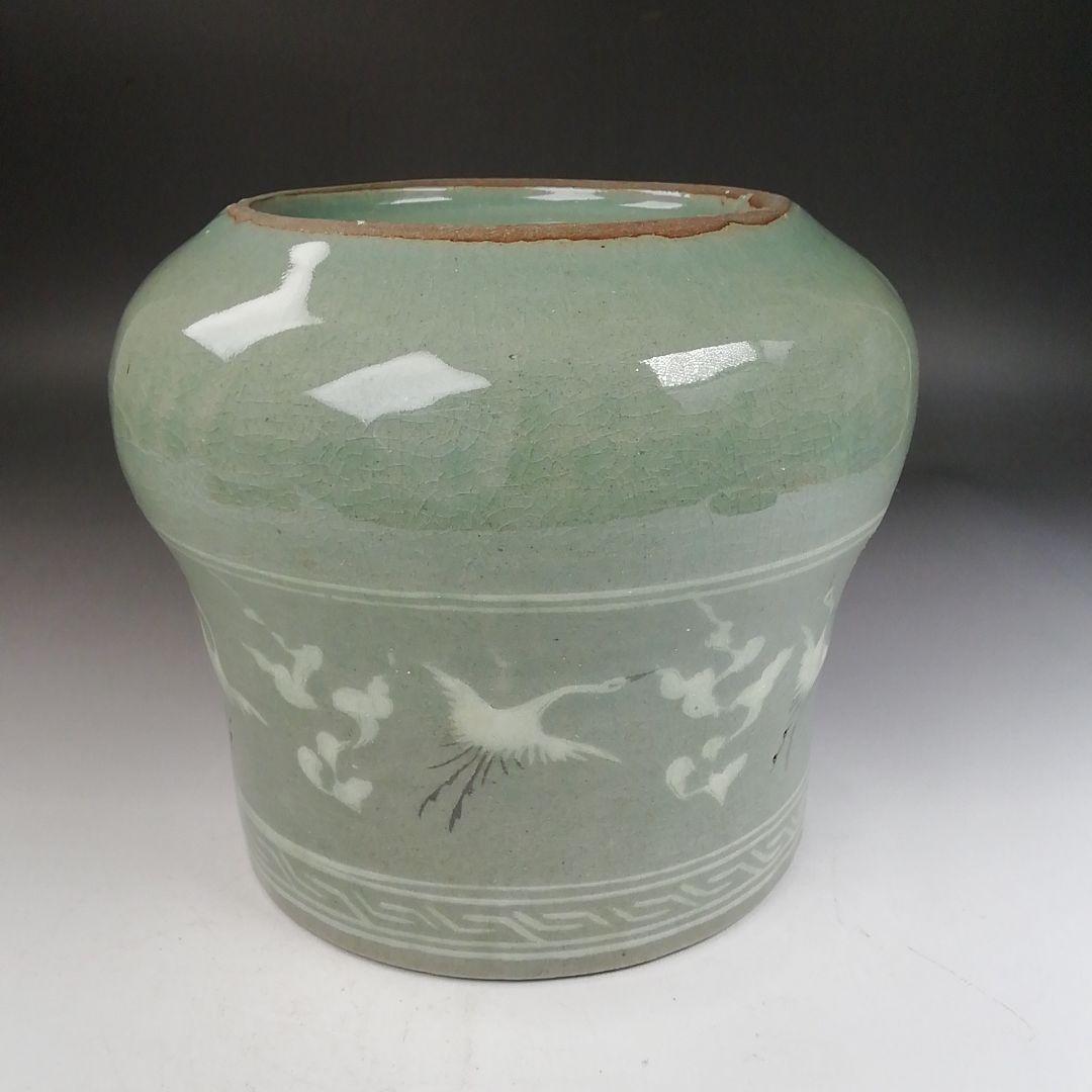 Ｗ３３２　水指　『青磁象嵌雲鶴文』『池順鐸 作』　共箱　茶道具