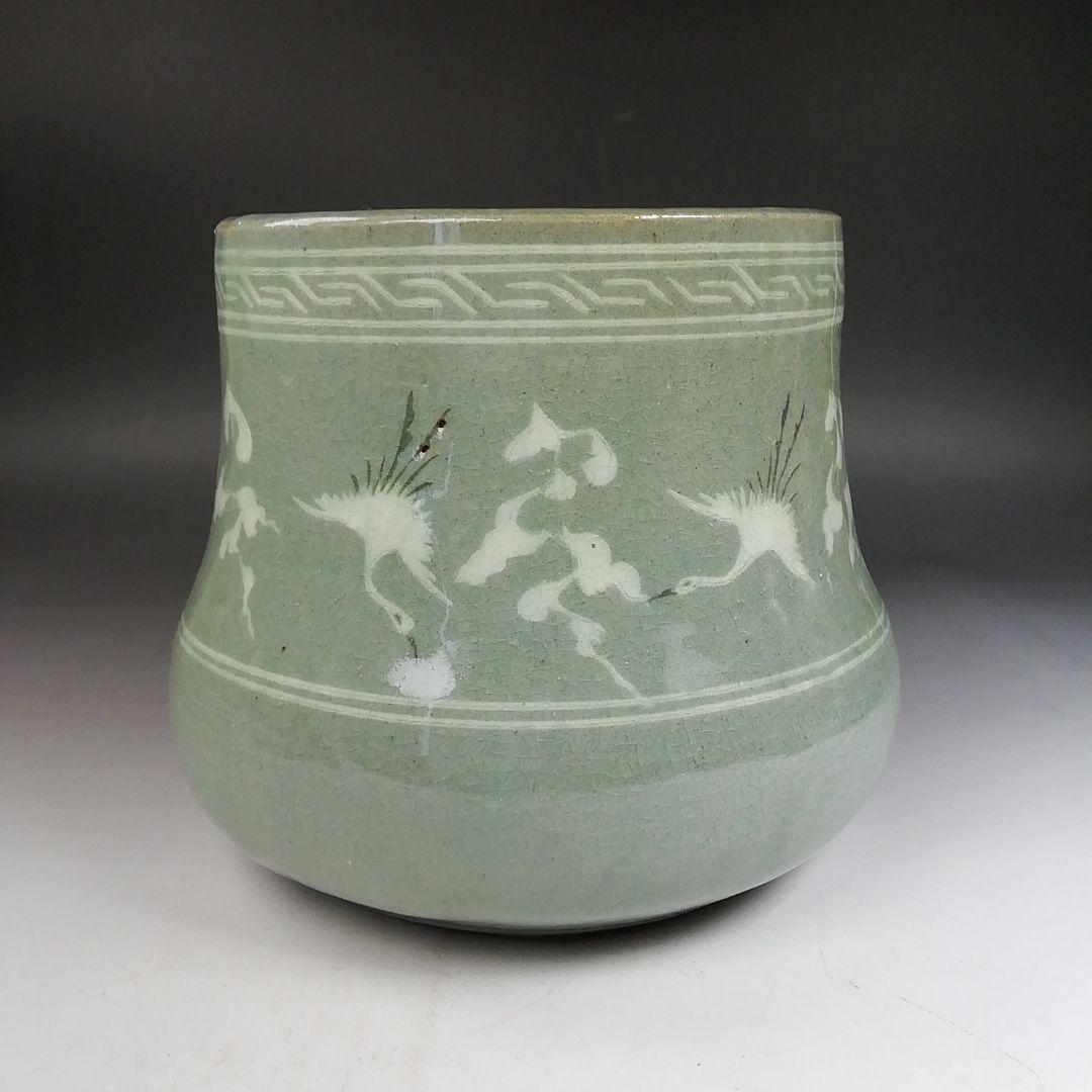 Ｗ３３２　水指　『青磁象嵌雲鶴文』『池順鐸 作』　共箱　茶道具