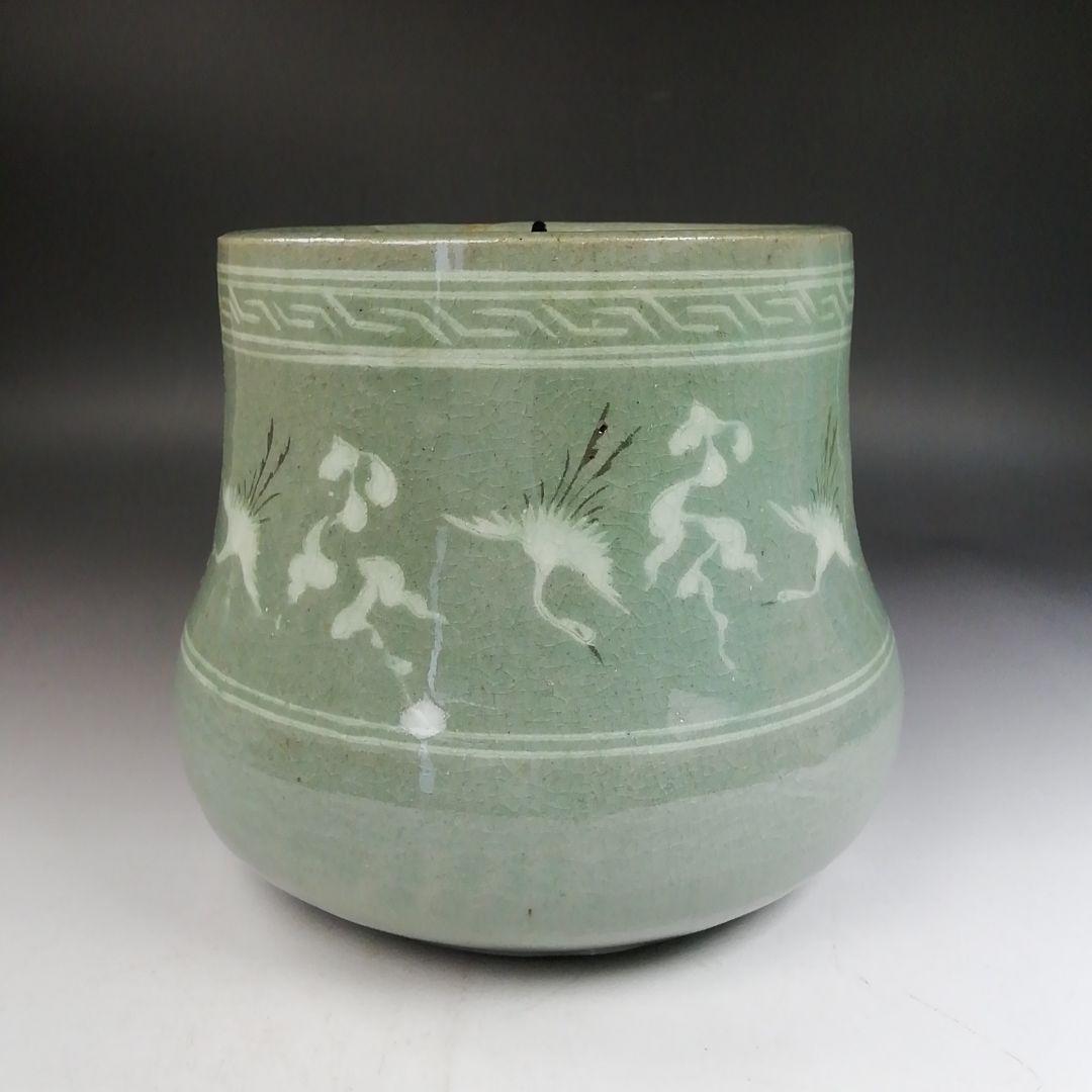 Ｗ３３２　水指　『青磁象嵌雲鶴文』『池順鐸 作』　共箱　茶道具