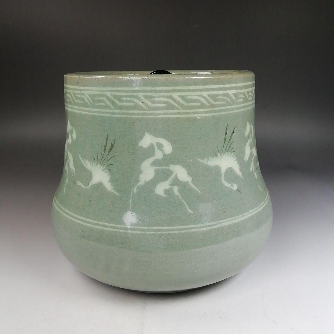 Ｗ３３２　水指　『青磁象嵌雲鶴文』『池順鐸 作』　共箱　茶道具