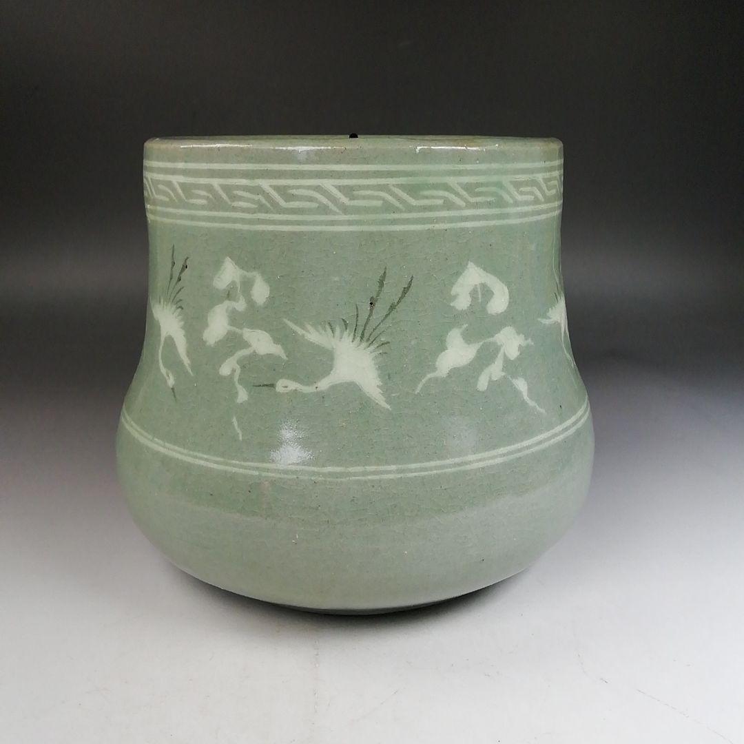 Ｗ３３２　水指　『青磁象嵌雲鶴文』『池順鐸 作』　共箱　茶道具