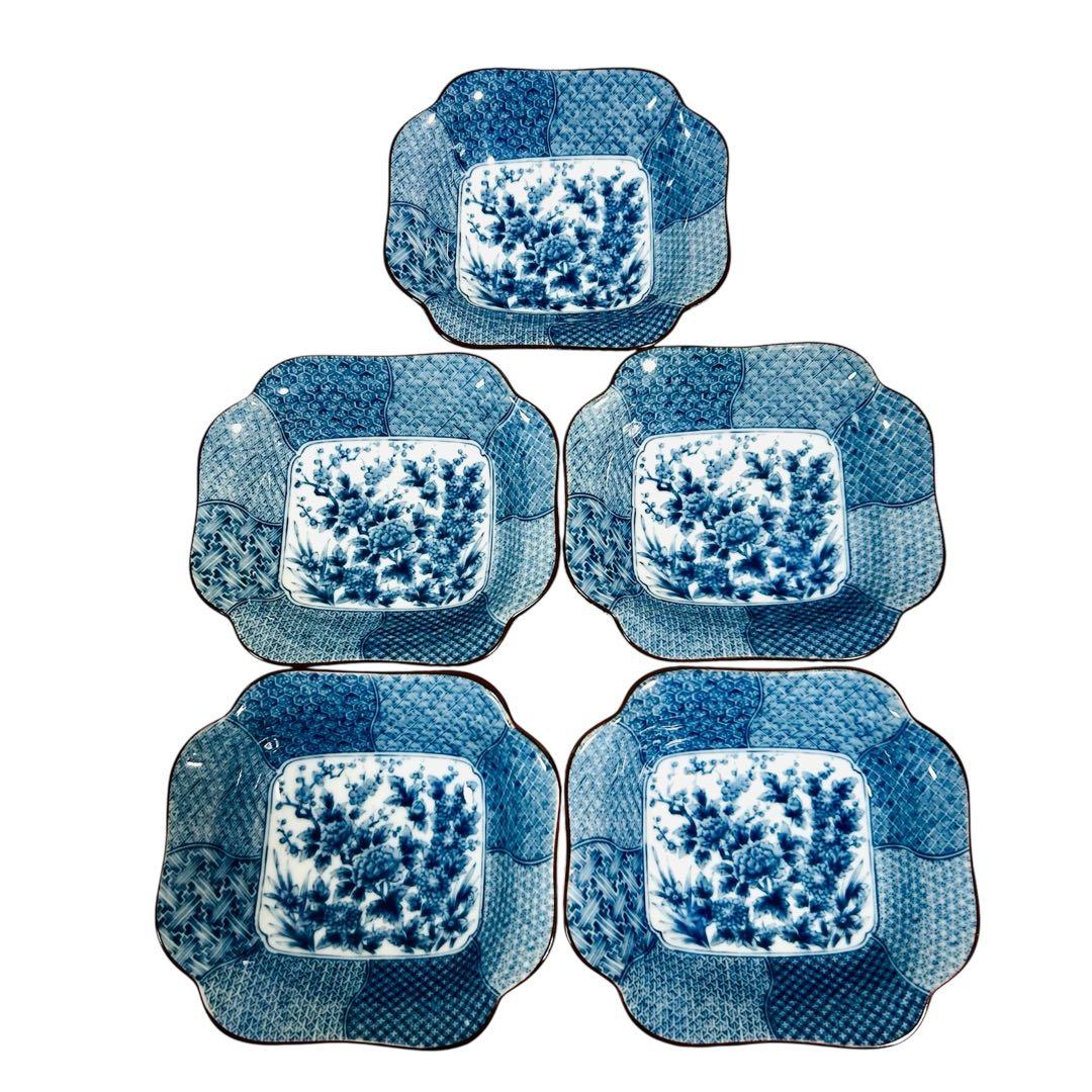 龍峰窯　四君子　高台角皿・小鉢揃セット　角皿　角鉢　染付　古伊万里 大皿