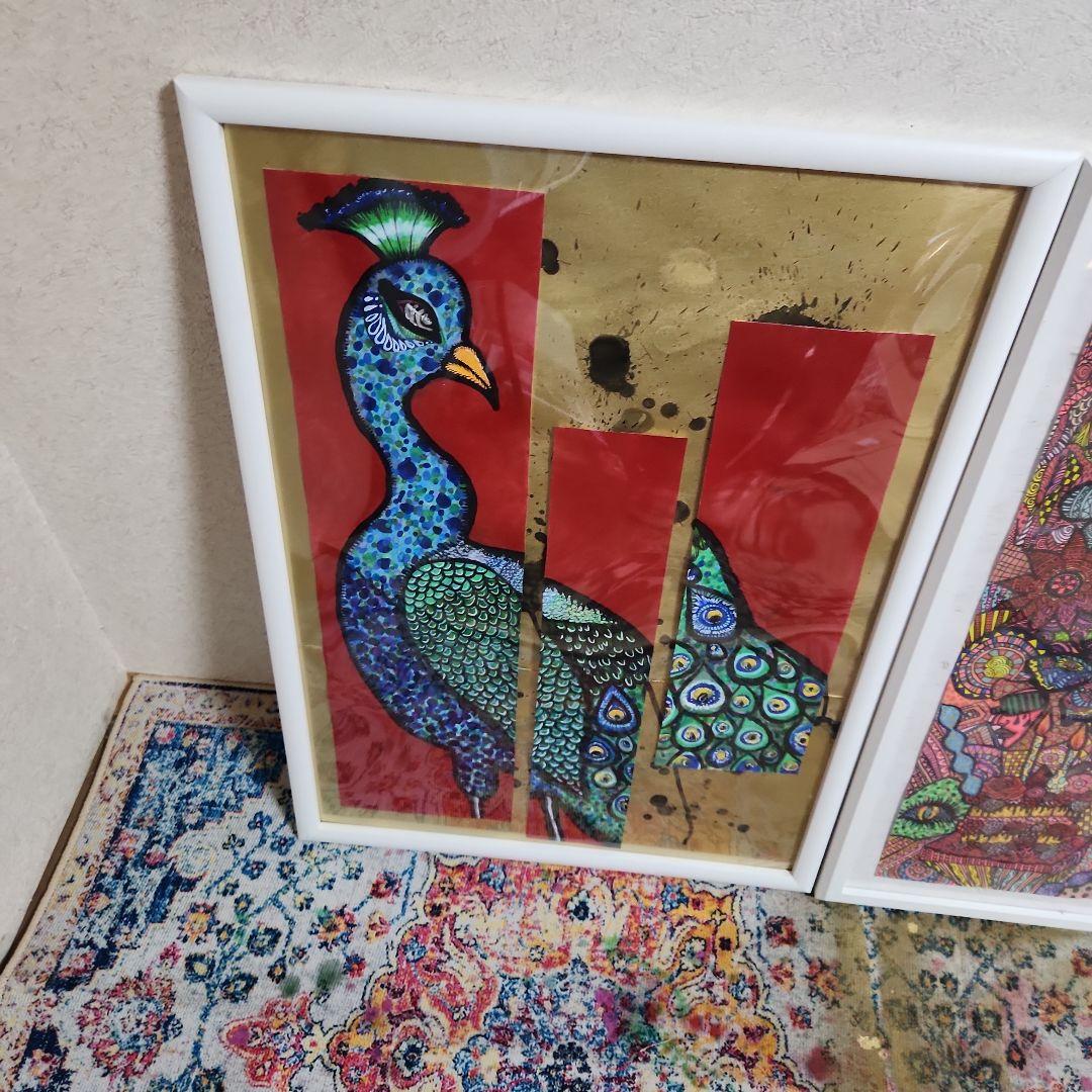 孔雀と女性のアート作品（白フレーム）2点セット最終価格