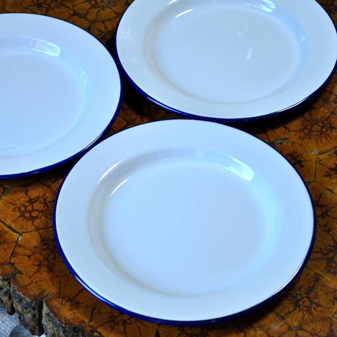 FALCON英国伝統ホーロー食器プレート3枚セット【ホワイトwithブルーリム】