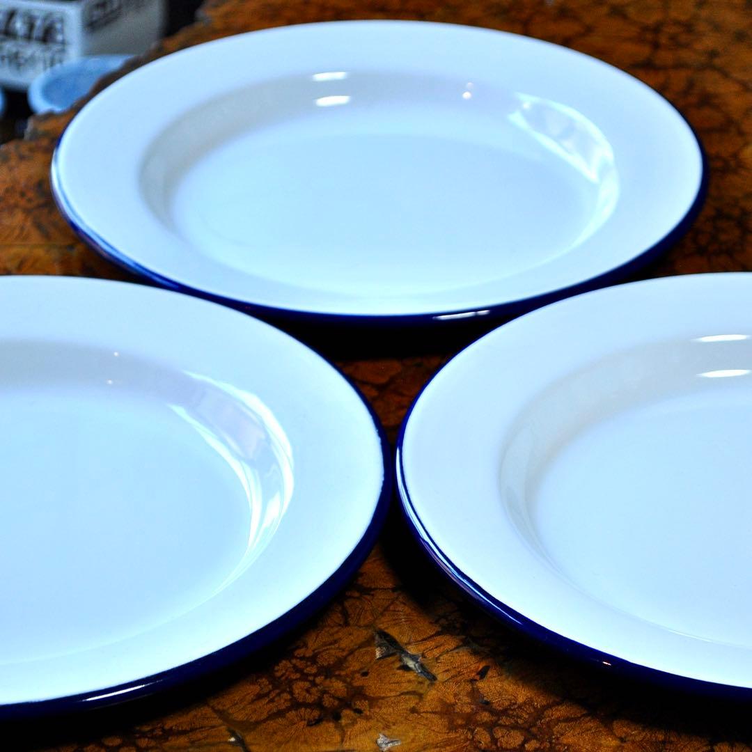 FALCON英国伝統ホーロー食器プレート3枚セット【ホワイトwithブルーリム】