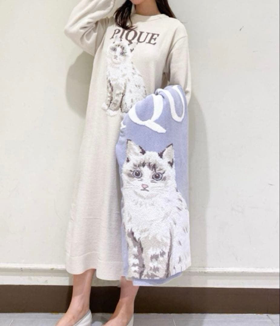 【美品】ジェラートピケ CATジャガードブランケット ブランケット ブルー