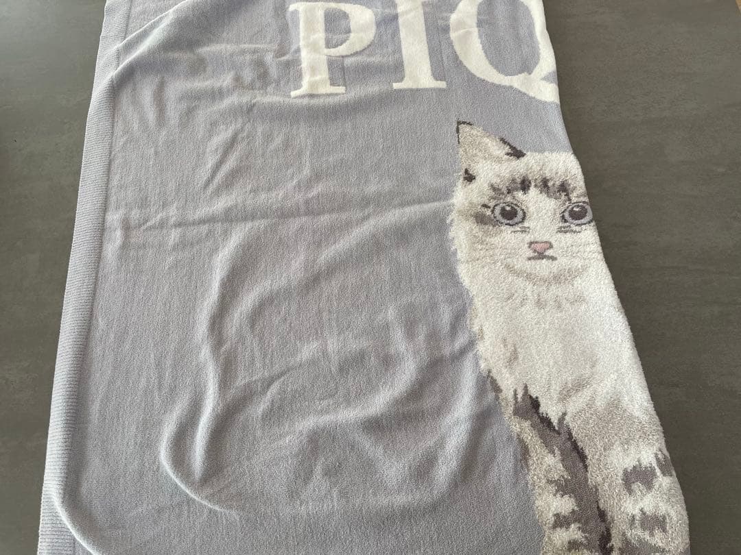 【美品】ジェラートピケ CATジャガードブランケット ブランケット ブルー