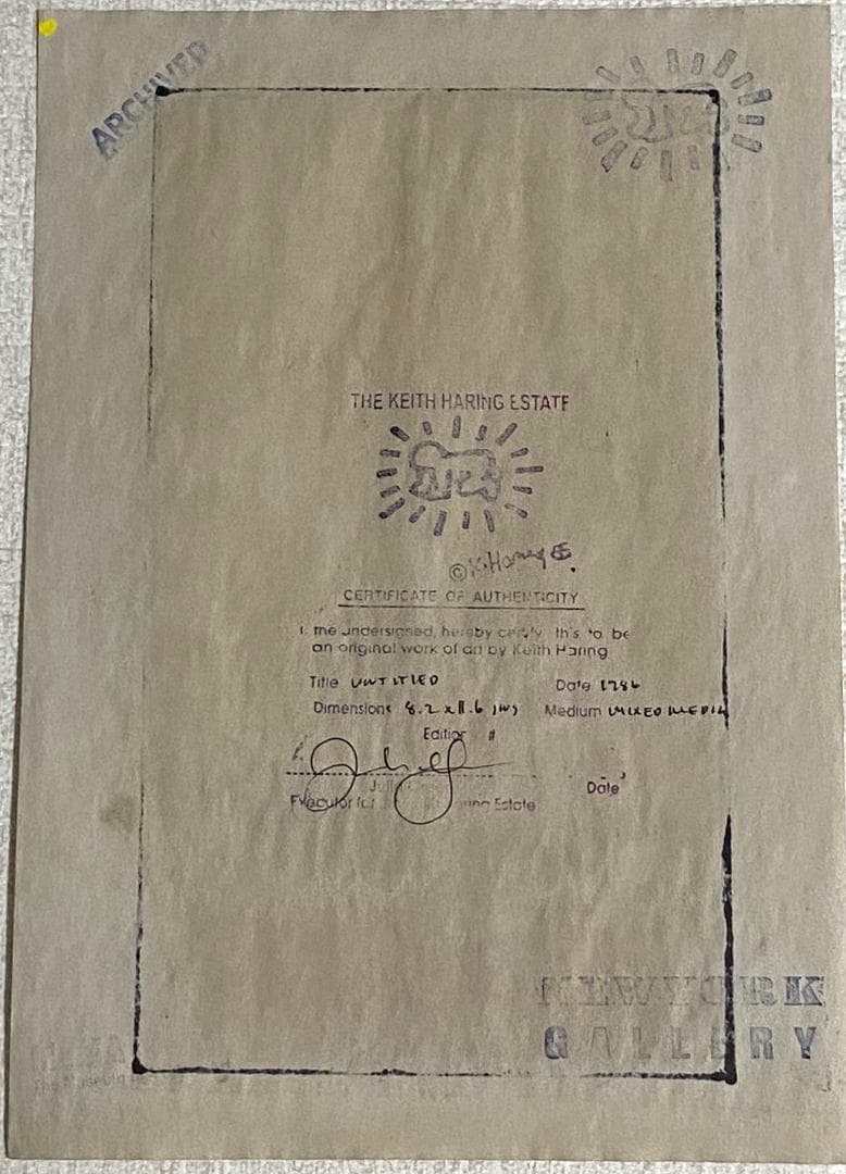 肉筆 サインあり キース ヘリング 油彩 原画 財団証明印 KHスタンプ 模写