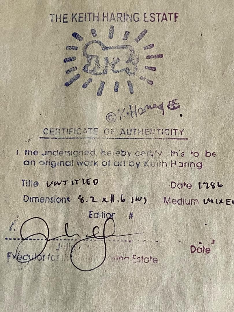 肉筆 サインあり キース ヘリング 油彩 原画 財団証明印 KHスタンプ 模写
