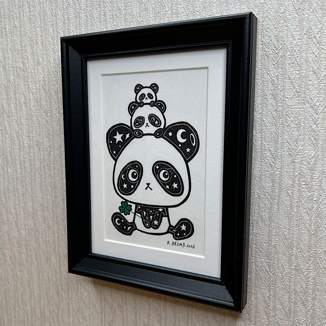 動物 原画 絵 手描き 癒し パンダ 一点物 額縁付き 『幸せの緑』