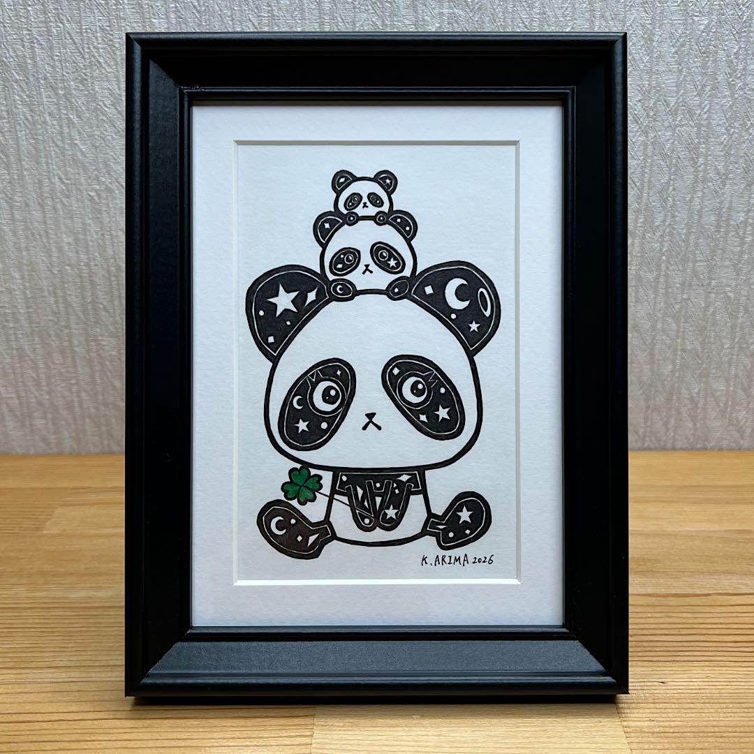 動物 原画 絵 手描き 癒し パンダ 一点物 額縁付き 『幸せの緑』