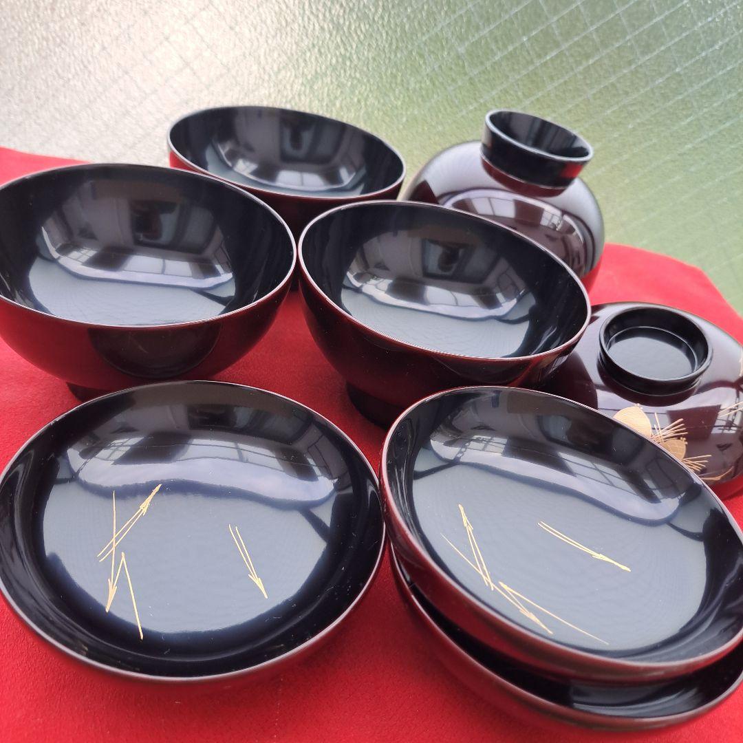 【越前漆器　御吸物椀×5客】天然木製　松笠蒔絵　長期保管品