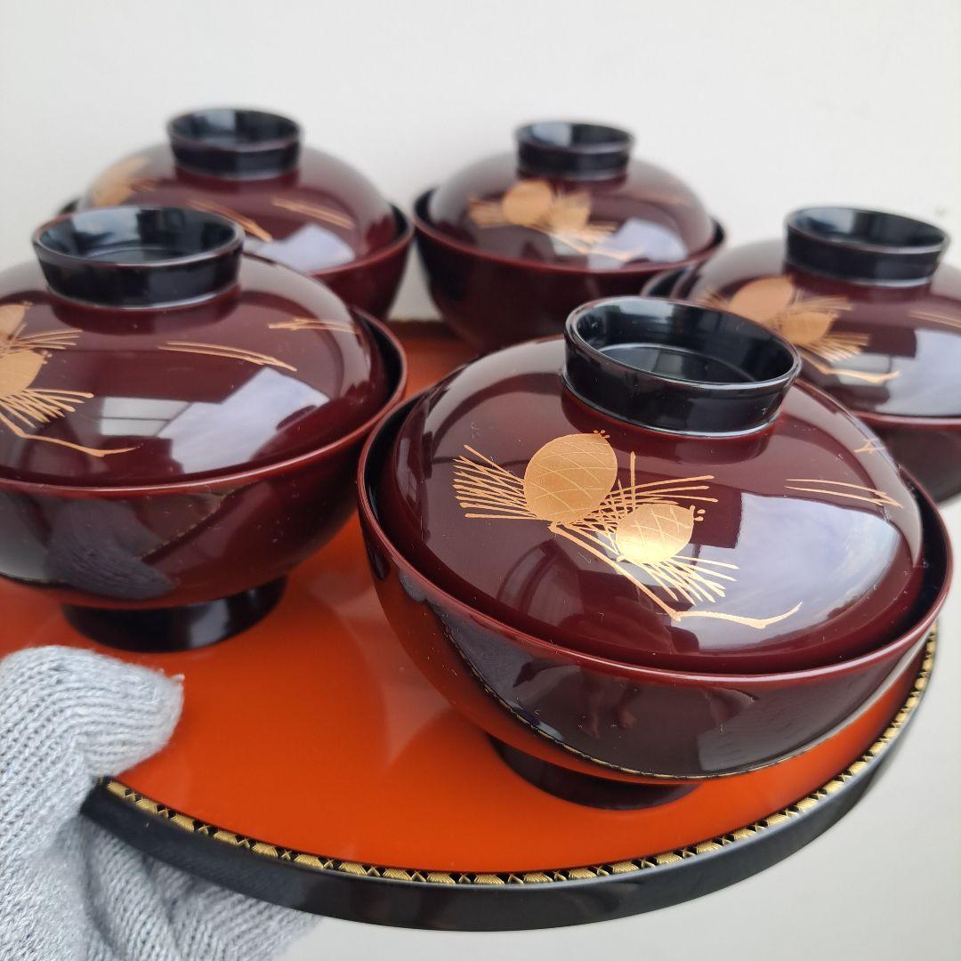 【越前漆器　御吸物椀×5客】天然木製　松笠蒔絵　長期保管品