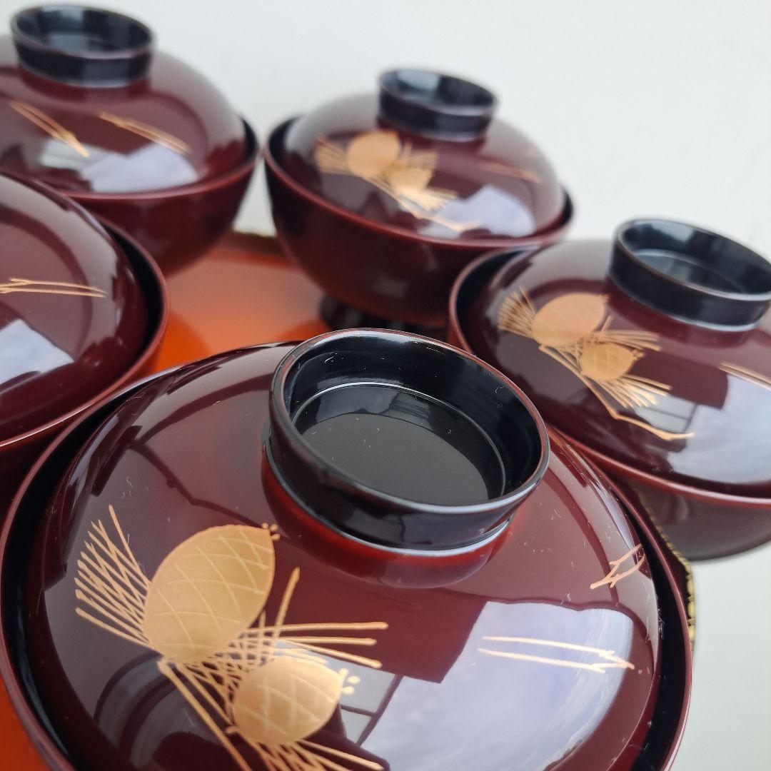 【越前漆器　御吸物椀×5客】天然木製　松笠蒔絵　長期保管品