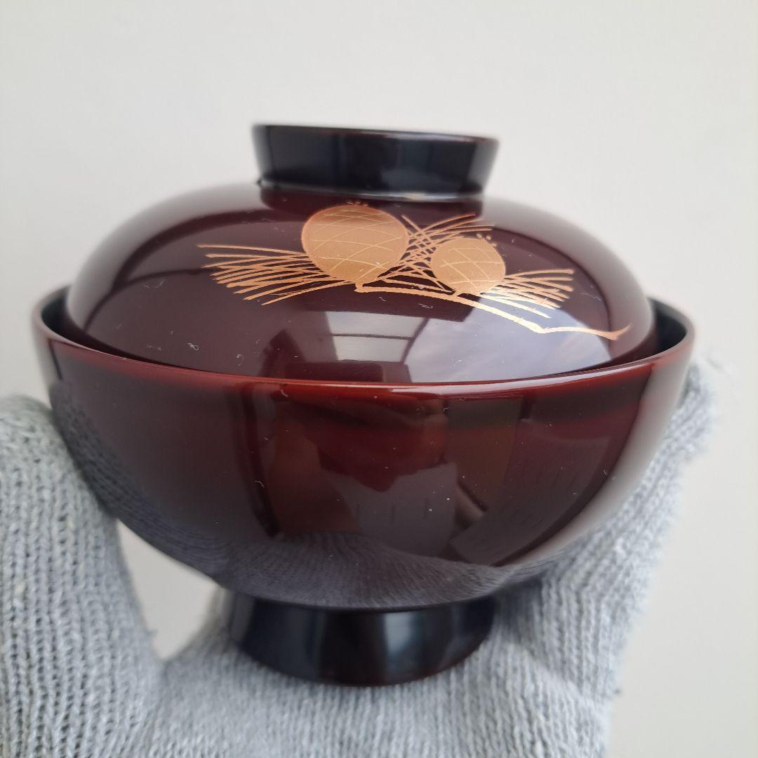 【越前漆器　御吸物椀×5客】天然木製　松笠蒔絵　長期保管品