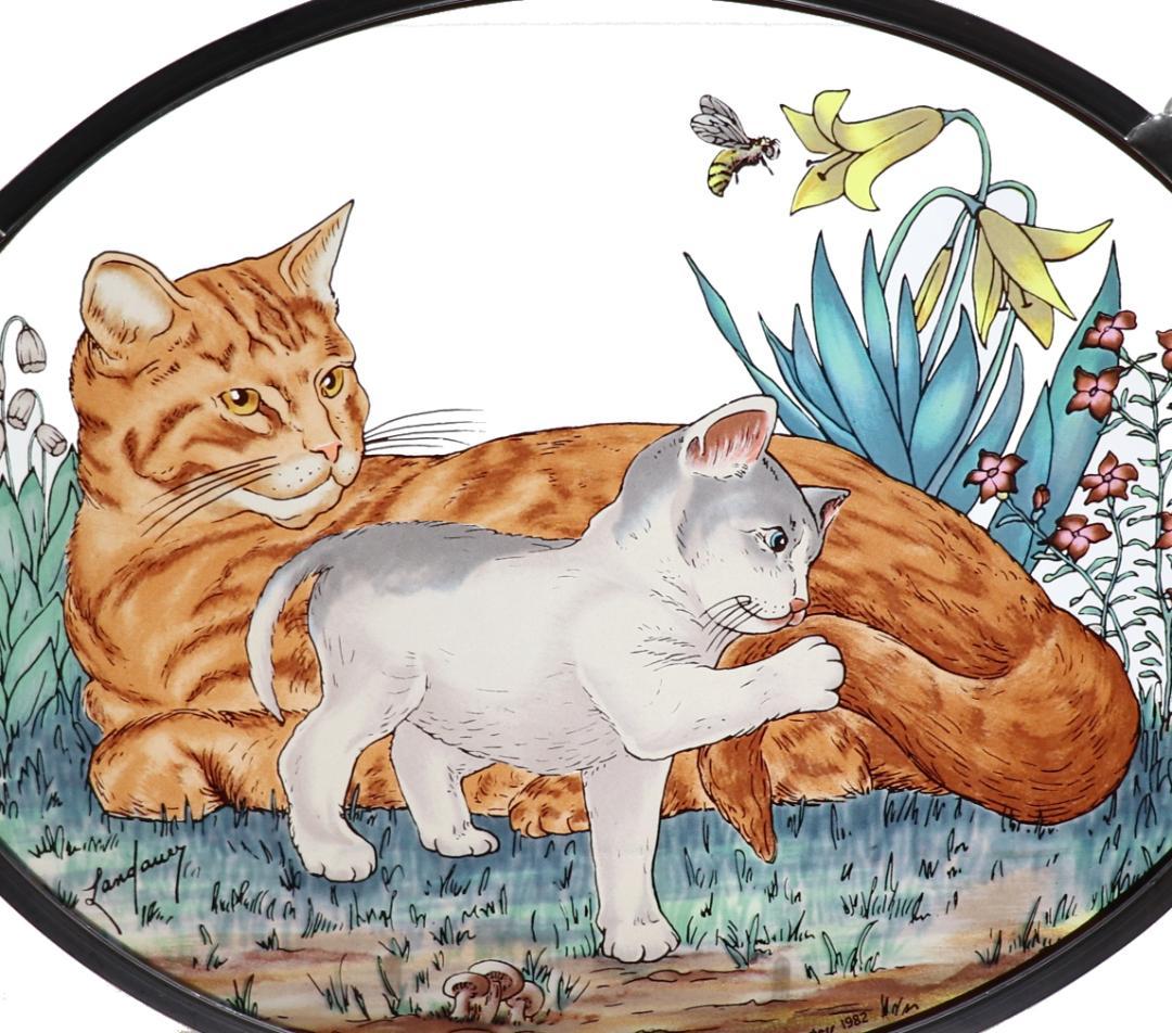 二匹の猫とミツバチと三種の花 ヴィンテージ ステンドグラス キジトラ 蜜蜂
