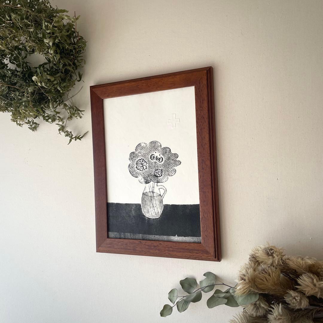 紙版画 ドライポイント&コラグラフ『ひみつの花束。』【木製額縁入り】