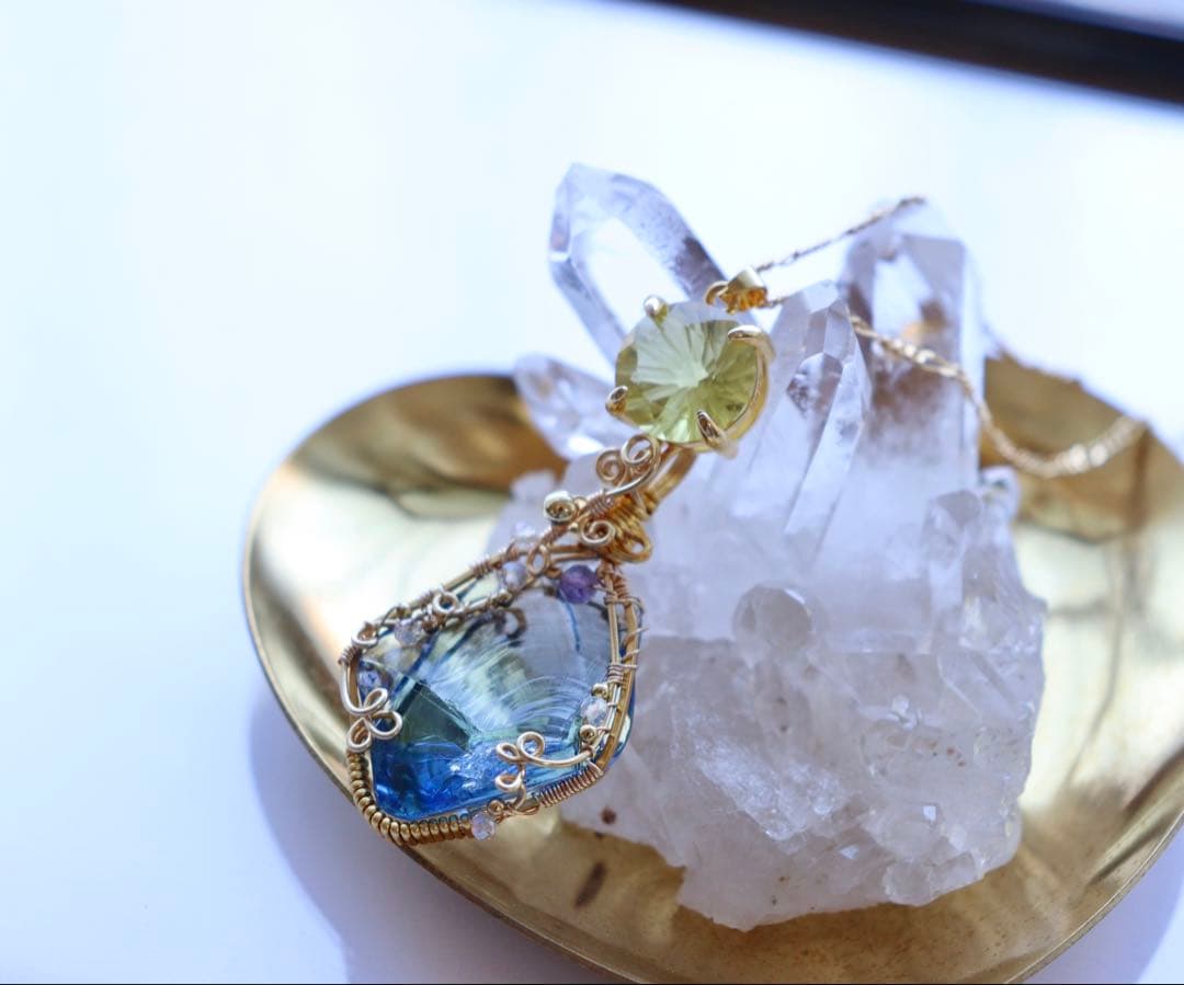 アースシャーマンアンダラクリスタル×レモンクォーツのワイヤージュエリーネックレス