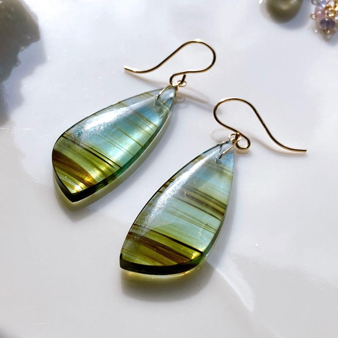 ポメころび◆希少✧ブルーオブシディアンピアス✧14kgf