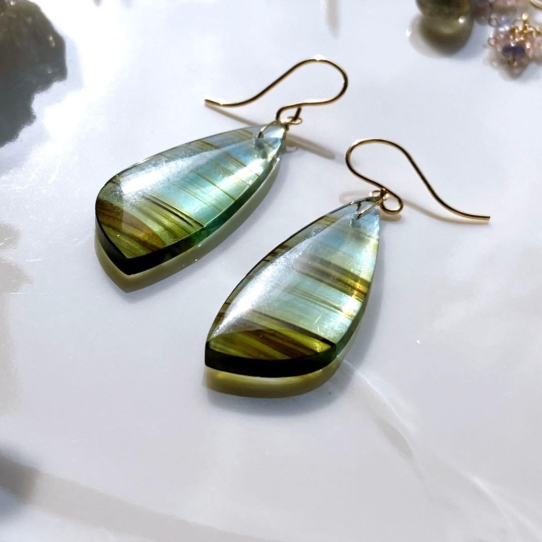 ポメころび◆希少✧ブルーオブシディアンピアス✧14kgf