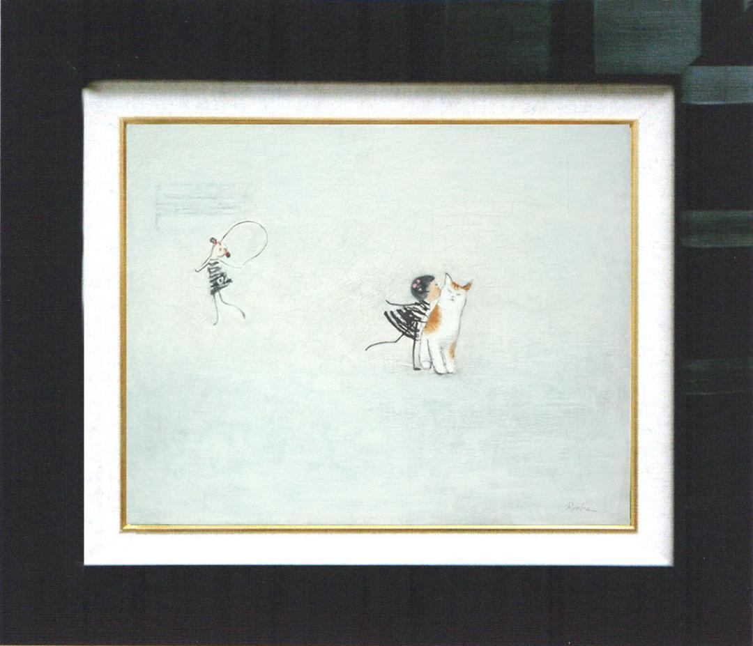 油絵 菅家令子 絵 絵画インテリア 額付(銀) F4-090718 子猫と女の子