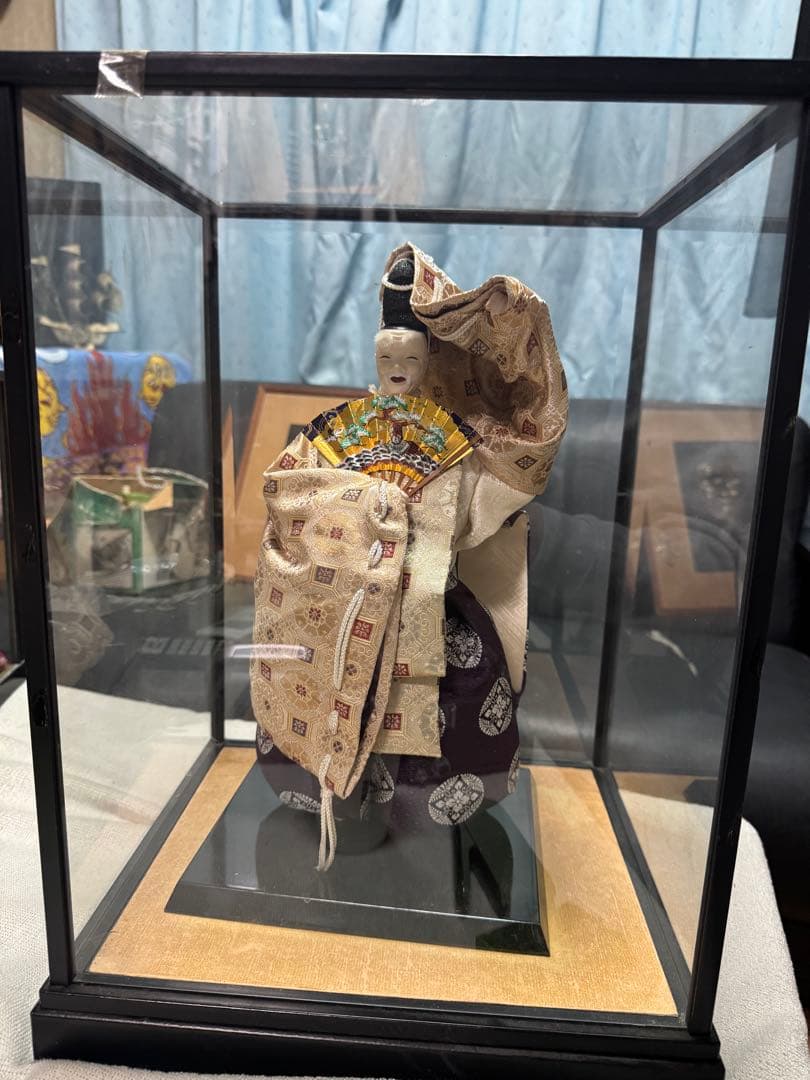 伝統工芸 能人形 ガラスケース入り 和装 扇子付き 美品