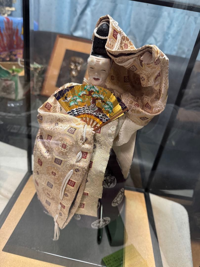 伝統工芸 能人形 ガラスケース入り 和装 扇子付き 美品