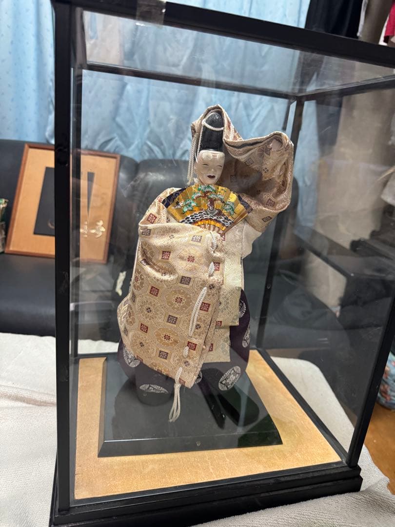 伝統工芸 能人形 ガラスケース入り 和装 扇子付き 美品