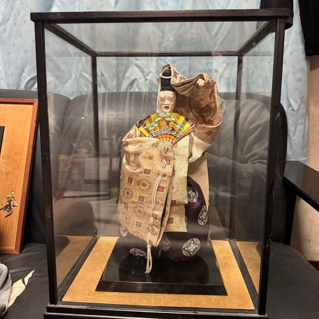 伝統工芸 能人形 ガラスケース入り 和装 扇子付き 美品