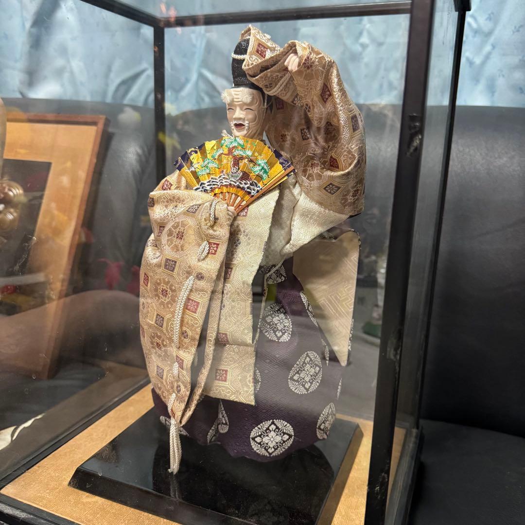 伝統工芸 能人形 ガラスケース入り 和装 扇子付き 美品