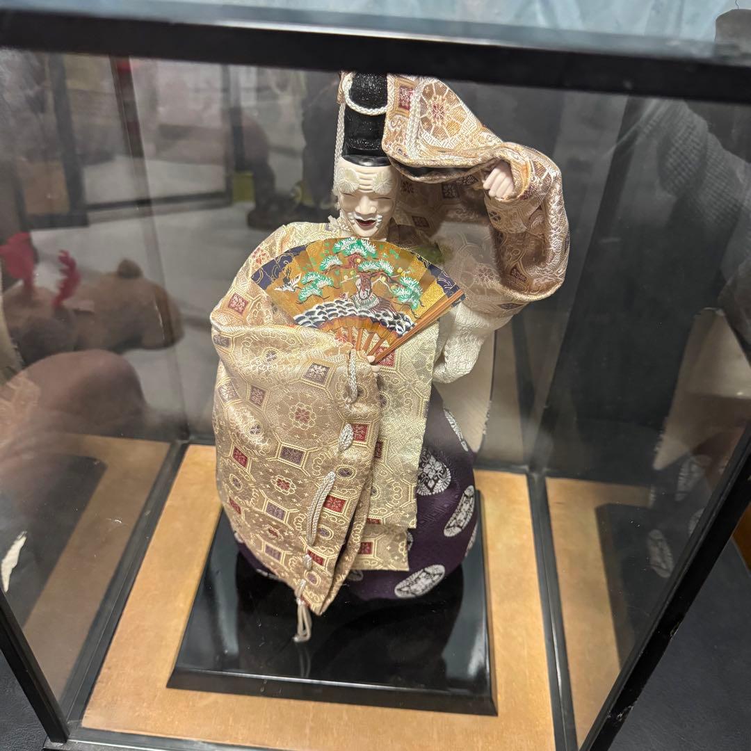 伝統工芸 能人形 ガラスケース入り 和装 扇子付き 美品