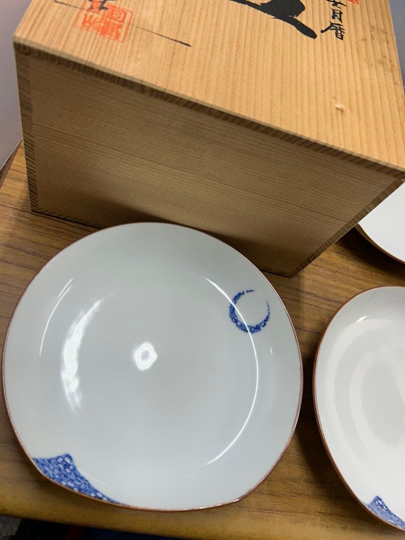 京焼　清水焼　陶峰造　染付冨士月暦　皿　5客　共箱付き