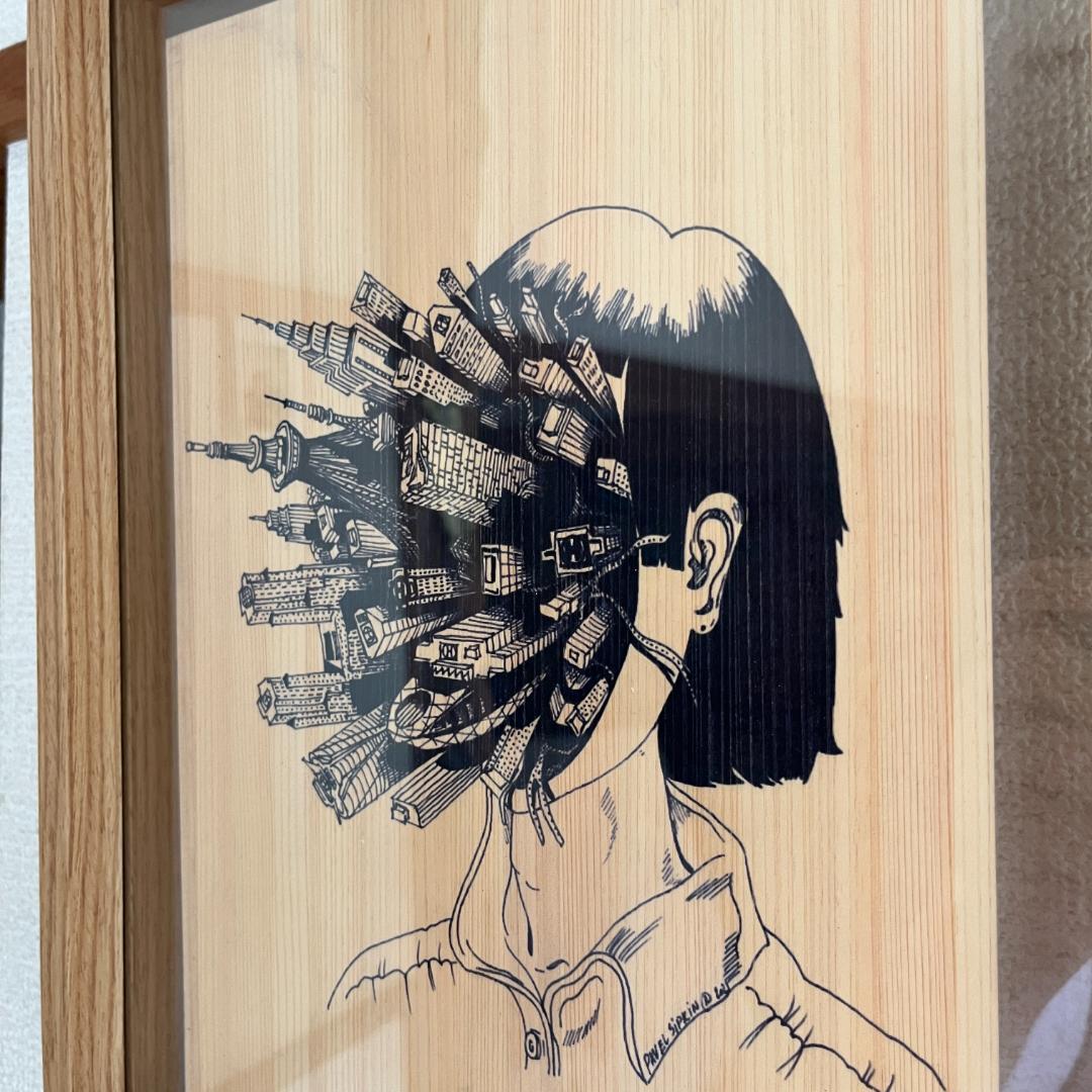 線画アート作品 都市と人間の融合