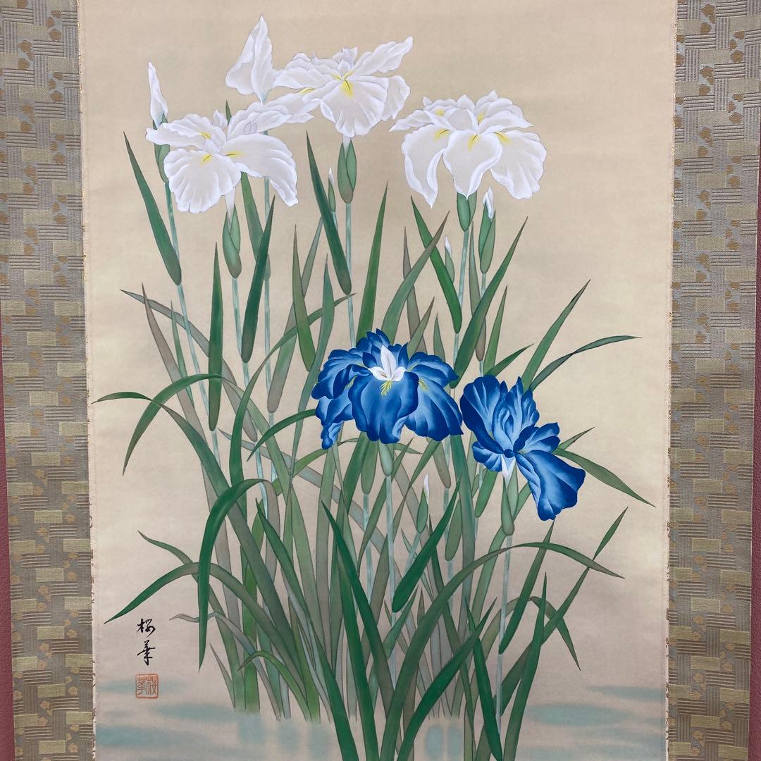 美品 掛け軸 堀江桜華作 菖蒲図 共箱 花鳥 美術年鑑掲載 縁起物