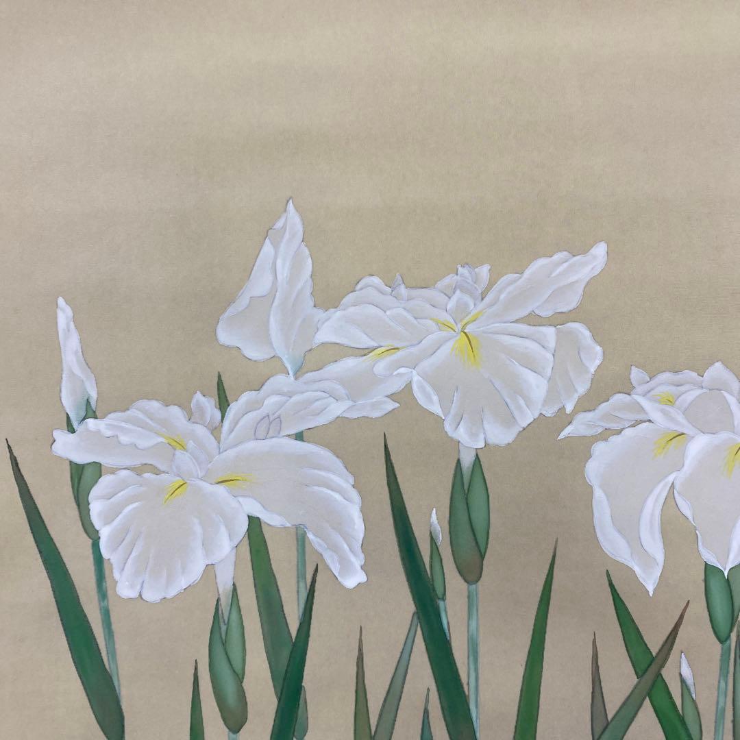 美品 掛け軸 堀江桜華作 菖蒲図 共箱 花鳥 美術年鑑掲載 縁起物