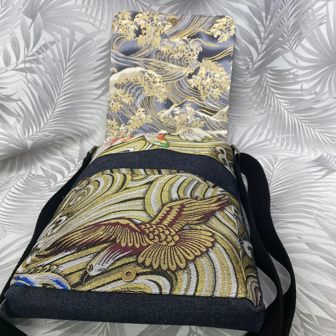 Lサコッシュ鷹　新品名古屋帯　藤錦リメイク　正絹　13ozデニム