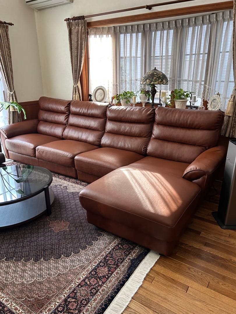 ブラウン L字型ソファ ４人掛け，PUレザー