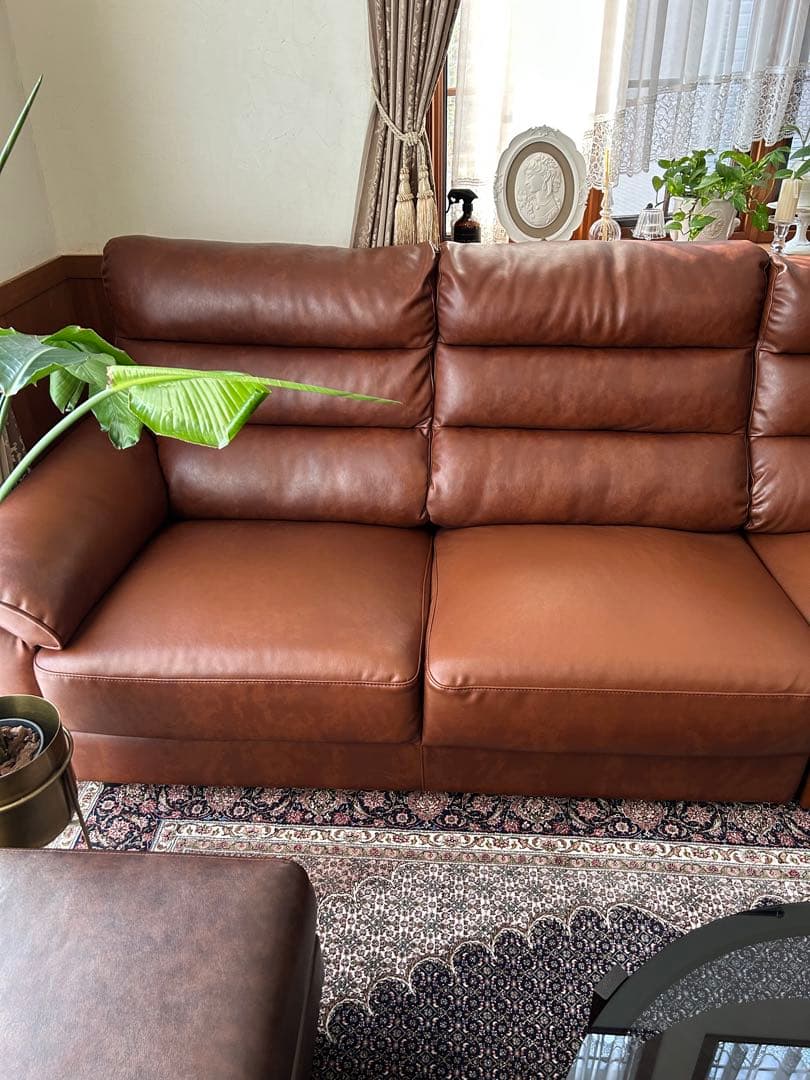 ブラウン L字型ソファ ４人掛け，PUレザー