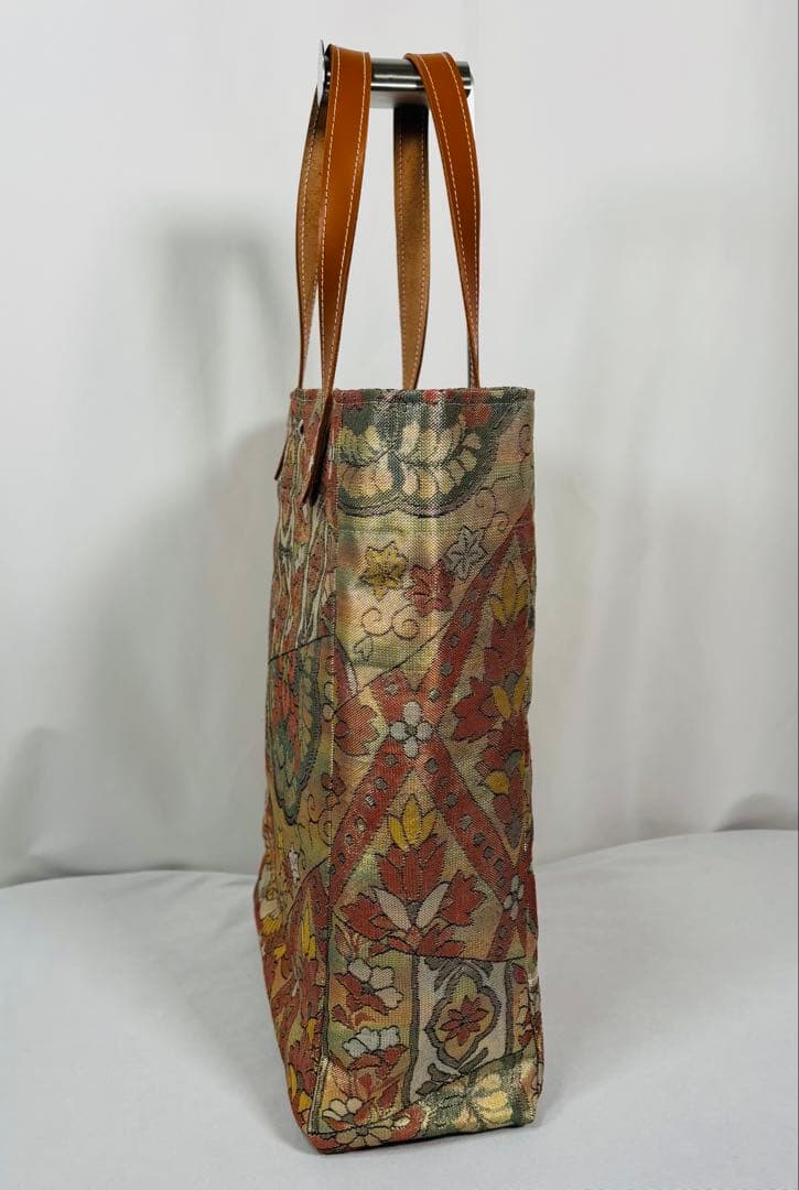 帯バッグリメイク　795番　本革持ち手　たっぷり縦長トート