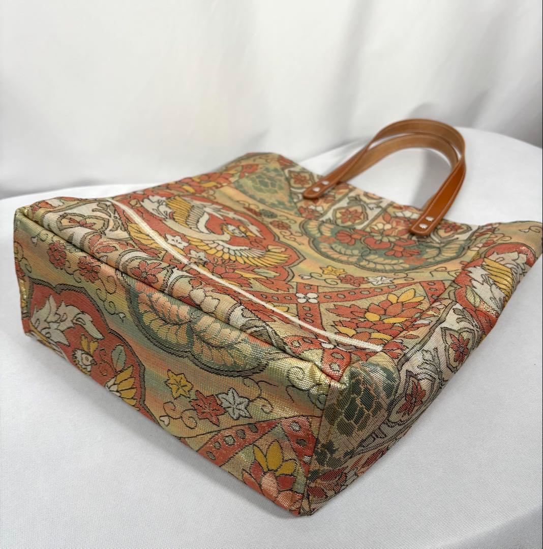 帯バッグリメイク　795番　本革持ち手　たっぷり縦長トート