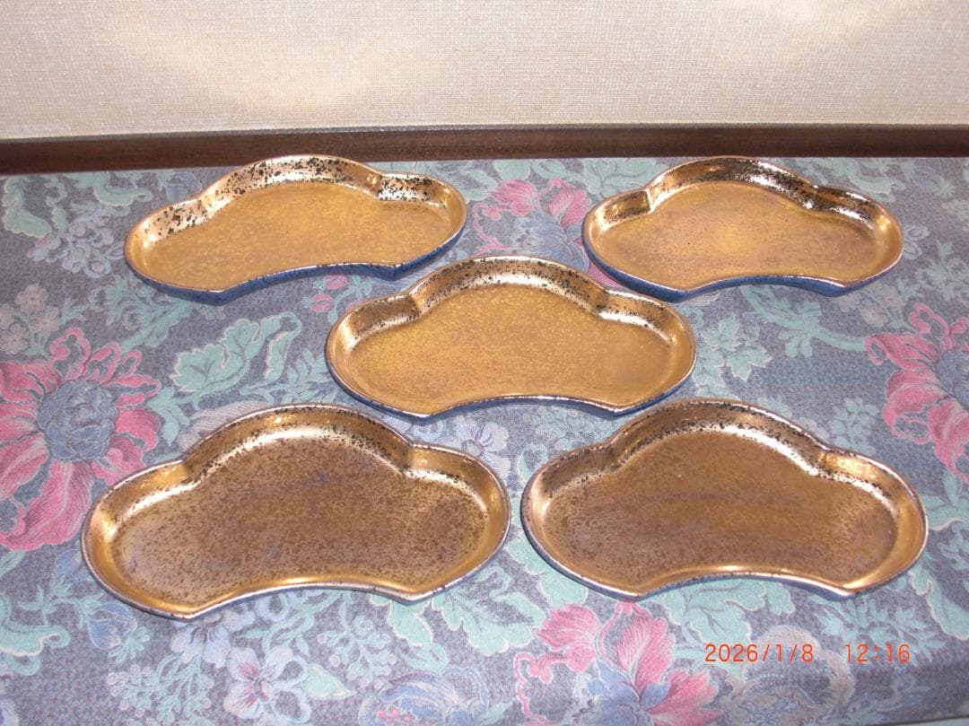 金彩松型　其泉窯　前菜陶器皿5枚セット 木箱付き