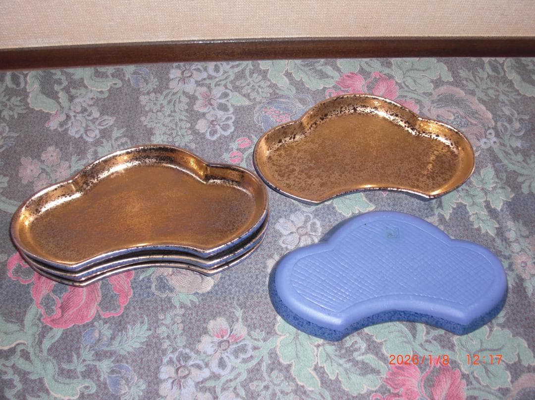 金彩松型　其泉窯　前菜陶器皿5枚セット 木箱付き