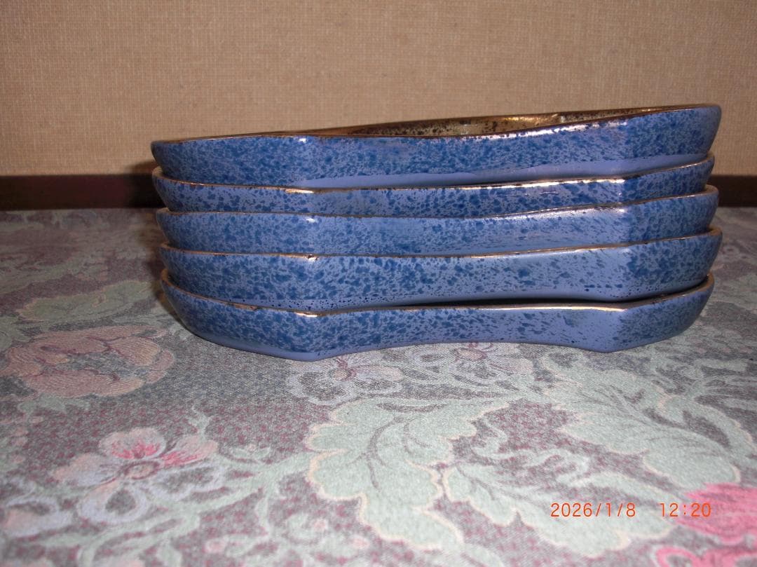 金彩松型　其泉窯　前菜陶器皿5枚セット 木箱付き