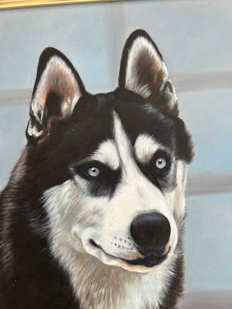 真作保証　ハスキー犬の肖像画 油絵 F8 Valenzuela