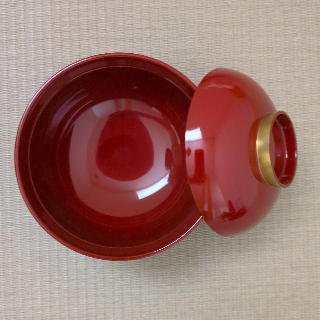 山中漆器　蓋付き椀　羽反雑煮椀　総朱漆金ライン　5客セット　新品未使用