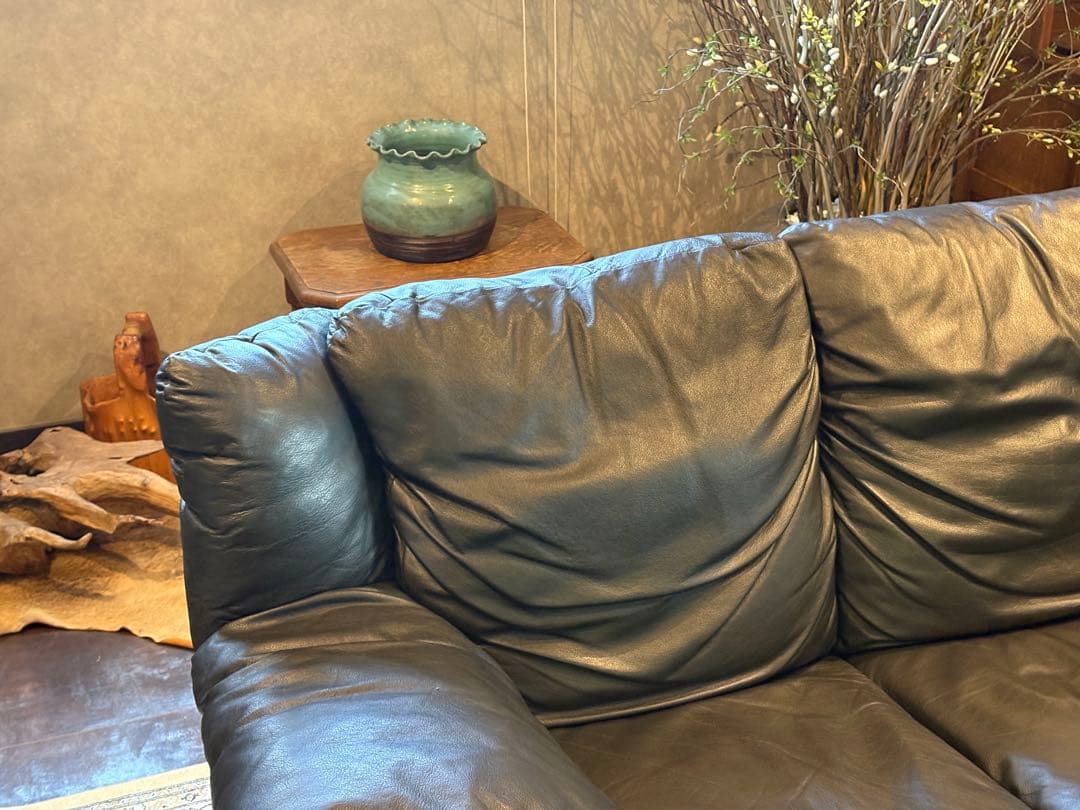 ①カウチソファ　ブラックソファ　2P　モダン　クラシック　シンプル　レザー　IG