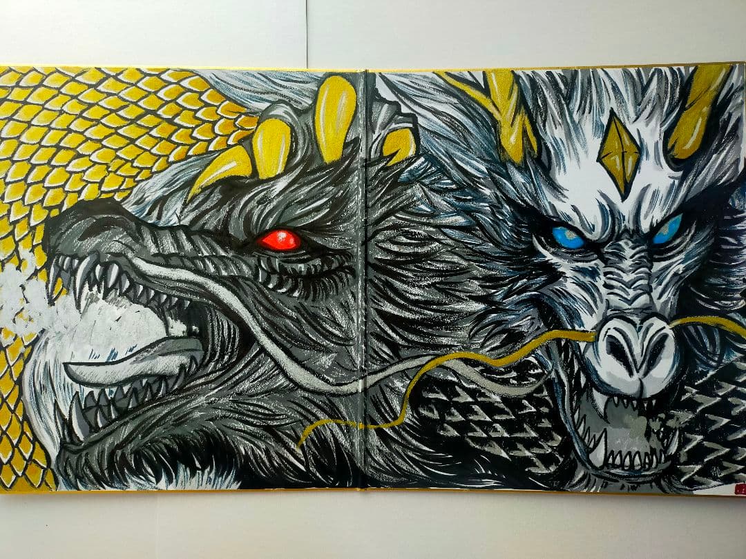 【真筆一点物】双龍図 - 昇運黒龍（二つ折り大色紙/筆ペン一発描き/肉筆画）