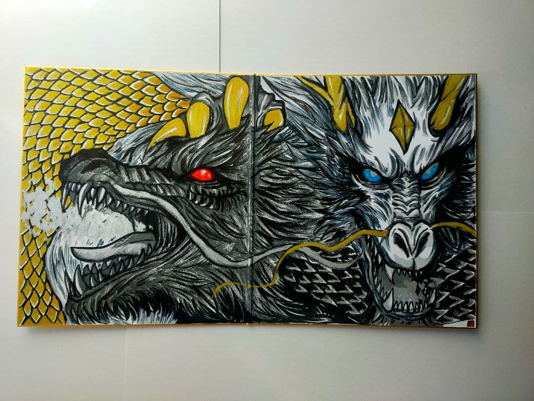 【真筆一点物】双龍図 - 昇運黒龍（二つ折り大色紙/筆ペン一発描き/肉筆画）