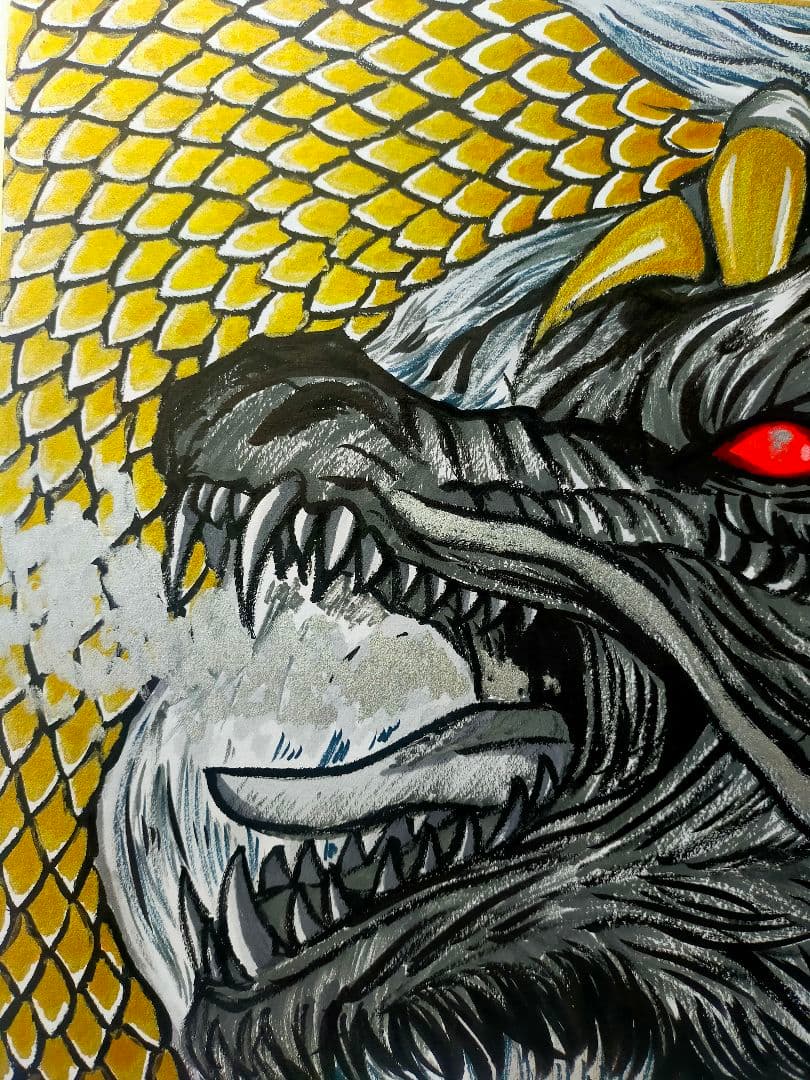 【真筆一点物】双龍図 - 昇運黒龍（二つ折り大色紙/筆ペン一発描き/肉筆画）