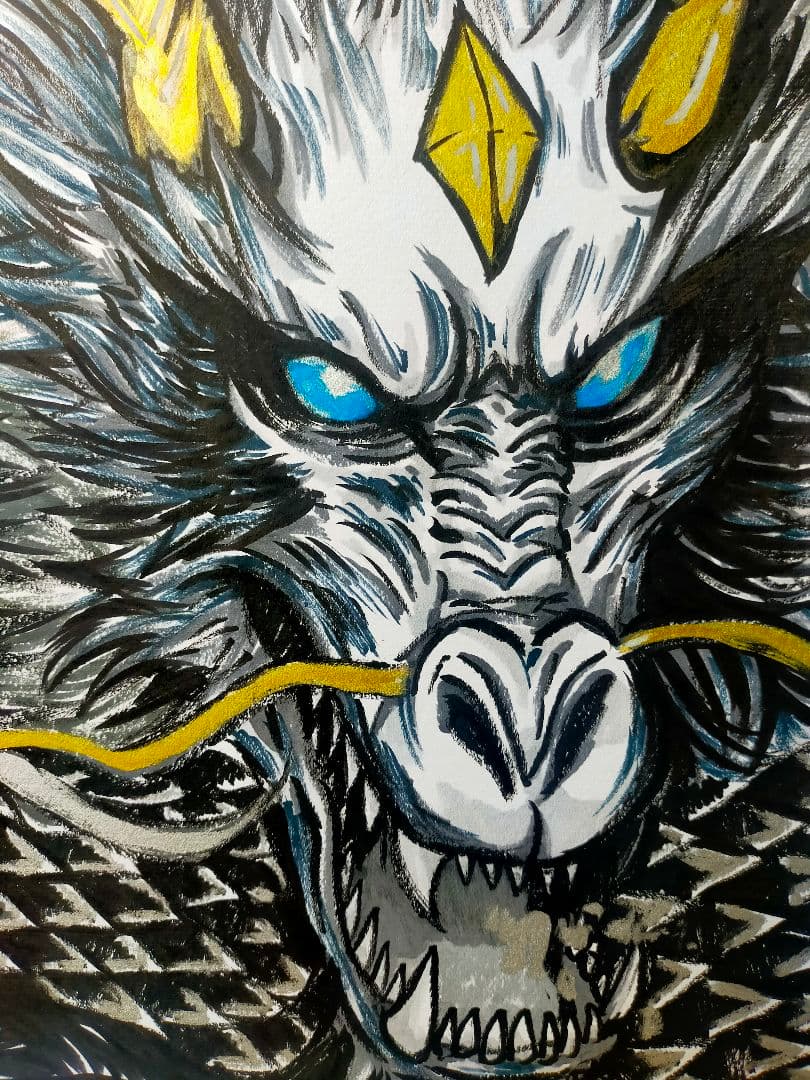 【真筆一点物】双龍図 - 昇運黒龍（二つ折り大色紙/筆ペン一発描き/肉筆画）